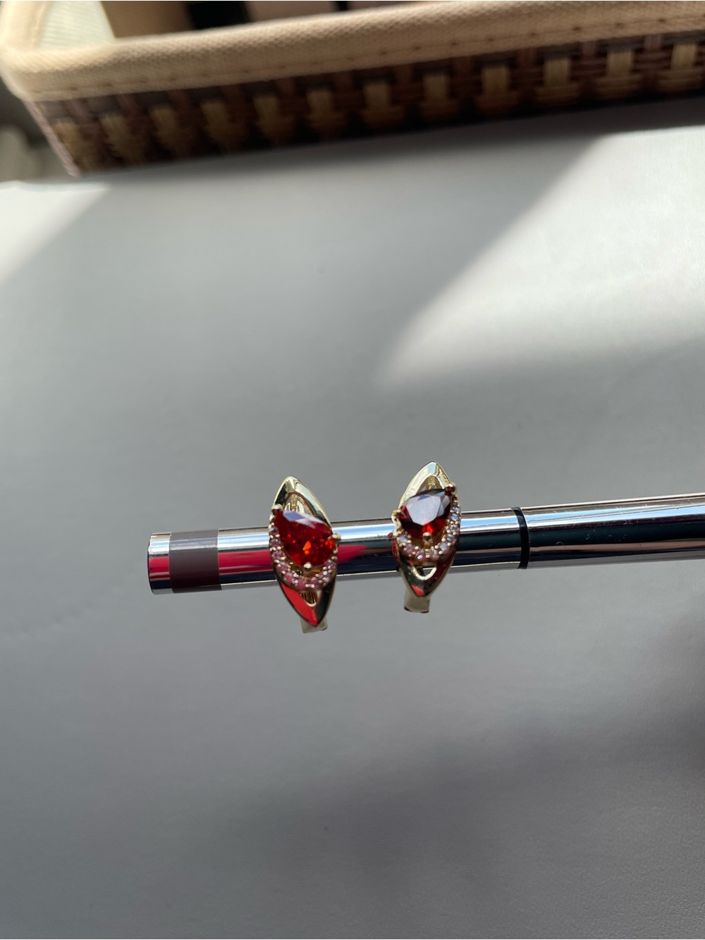 Gold-Tone Red Teardrop Crystal Hoop Earrings
